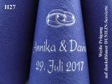 Dunilin-Dinner-Servietten dunkelblau, bedruckt mit weißer Prägung und Hochzeits-Motiv H27 (verschlungene Ringe) 